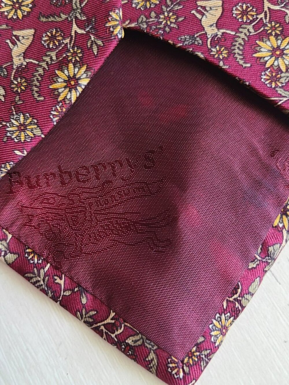 Burberrys Prorsum Silk Tie Floral Fox Woodland Animal Burgundy Vintage Luxury - Picture 6 of 8